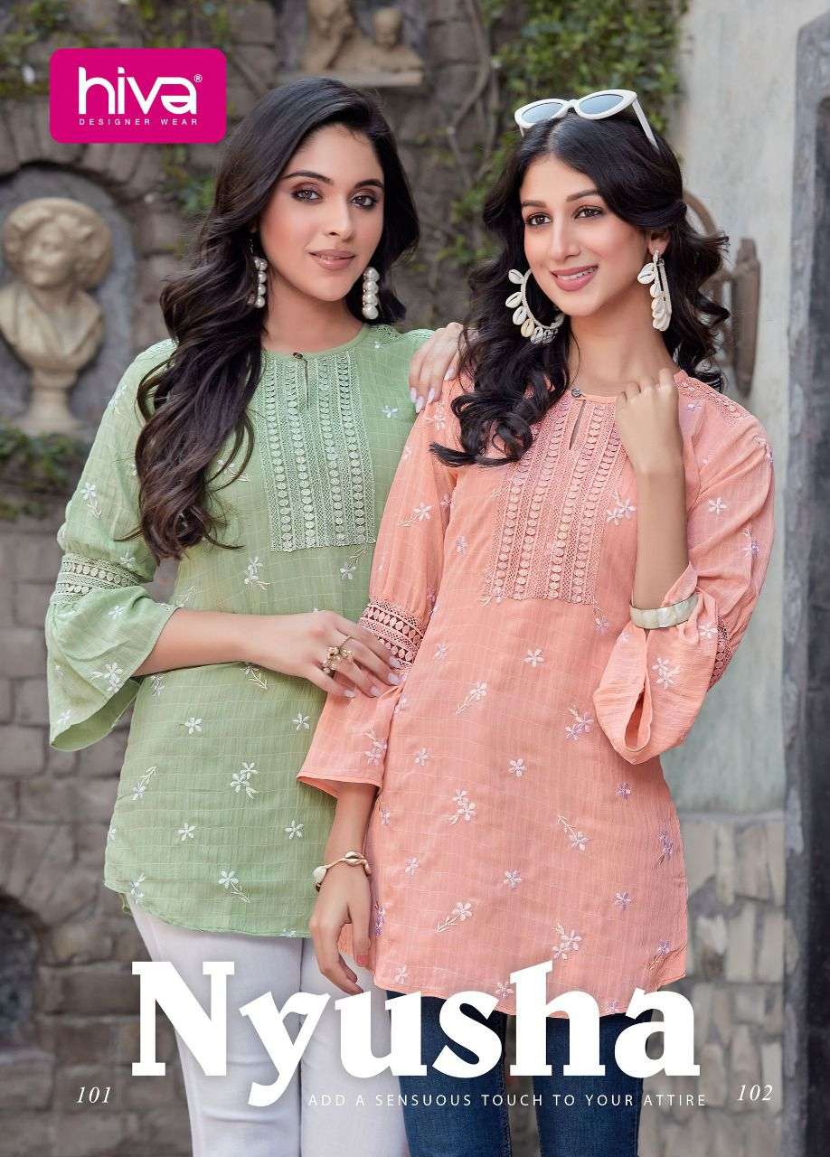 NYUSHA BY HIVA 101 TO 106 SERIES BEAUTIFUL STYLISH FANCY COLORFUL CASUAL WEAR & ETHNIC WEAR GEORGETTE TOPS AT WHOLESALE PRICE