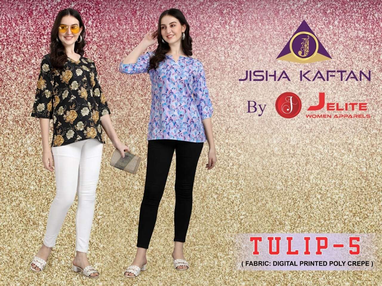 TULIP VOL-5 BY JELITE 125 TO 132 SERIES BEAUTIFUL COLORFUL STYLISH FANCY CASUAL WEAR & READY TO WEAR POLYSTER CREPE TOPS AT WHOLESALE PRICE