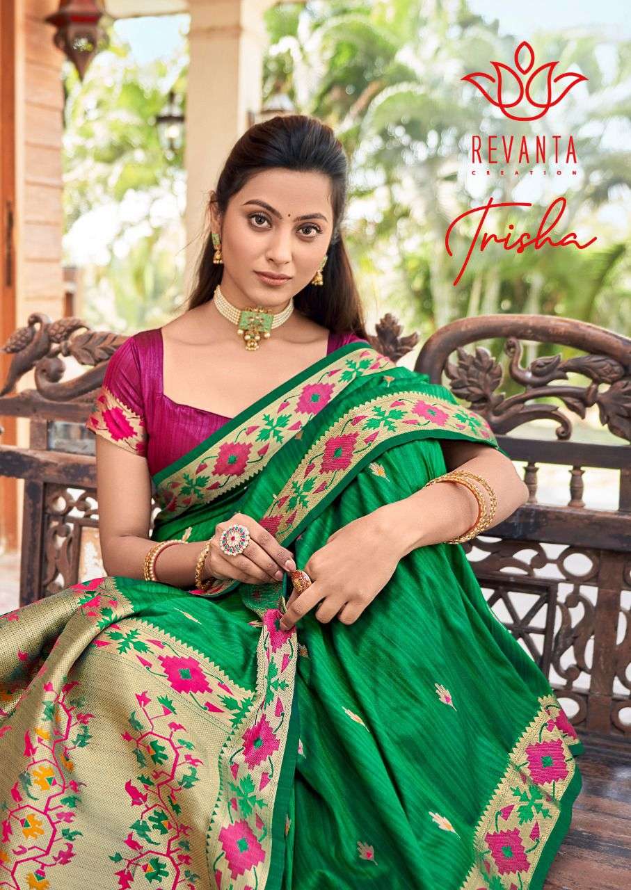 TRISHA BY REVANTA 12001 TO 12005 SERIES INDIAN TRADITIONAL WEAR COLLECTION BEAUTIFUL STYLISH FANCY COLORFUL PARTY WEAR & OCCASIONAL WEAR COTTON SILK SAREES AT WHOLESALE PRICE