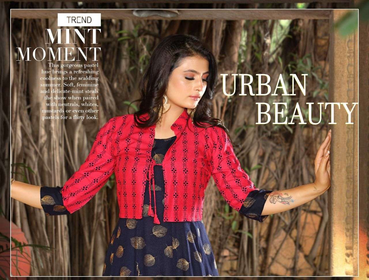 URBAN BEAUTY BY BEAUTY QUEEN 601 TO 608 SERIES DESIGNER STYLISH FANCY COLORFUL BEAUTIFUL PARTY WEAR & ETHNIC WEAR COLLECTION RAYON PRINT KURTIS WITH JACKET AT WHOLESALE PRICE