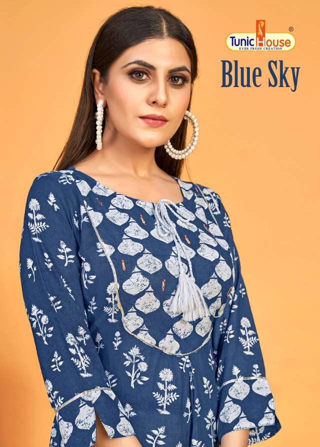 BLUE SKY BY TUNIC HOUSE 23001 TO 23004 SERIES  BEAUTIFUL STYLISH COLORFUL FANCY PARTY WEAR & ETHNIC WEAR & READY TO WEAR VISCOSE MUSLIN SILK KURTIS WITH BOTTOM AT WHOLESALE PRICE