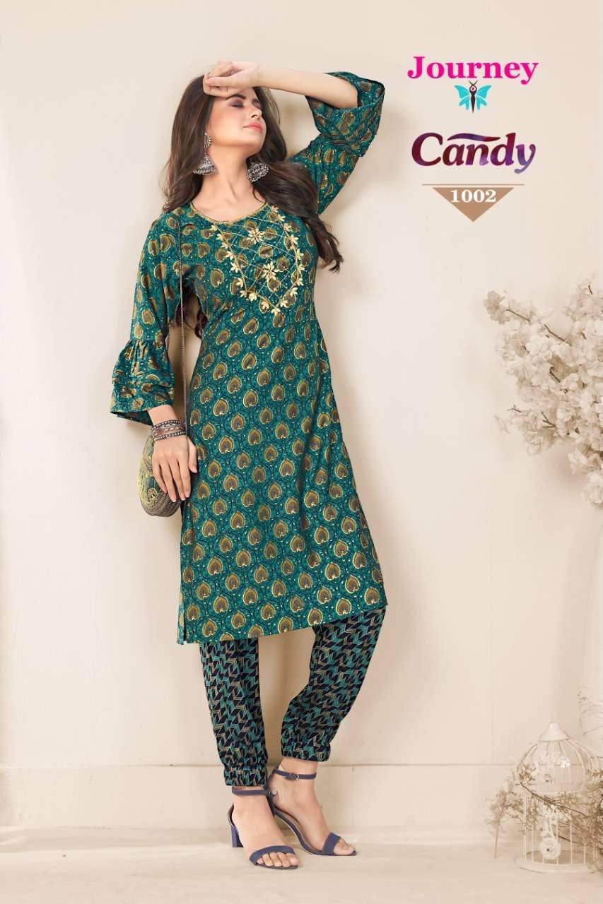 CANDY BY JOURNEY 1001 TO 1005 SERIES DESIGNER STYLISH FANCY COLORFUL BEAUTIFUL PARTY WEAR & ETHNIC WEAR COLLECTION MUSLIN WITH WORK KURTIS WITH BOTTOM AT WHOLESALE PRICE