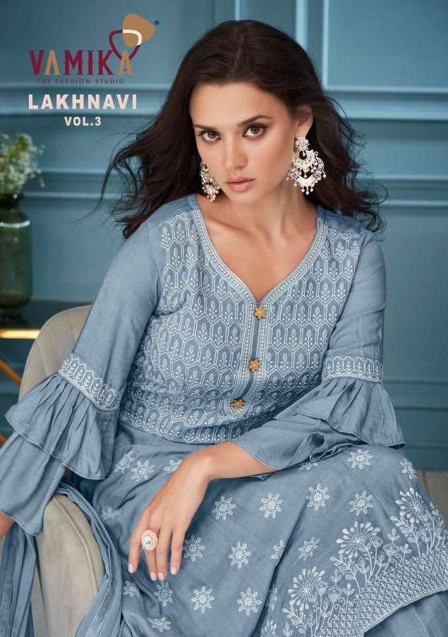 LAKHNAVI VOL-3 BY VAMIKA 1013 TO 1018 SERIES BEAUTIFUL SHARARA SUITS COLORFUL STYLISH FANCY CASUAL WEAR & ETHNIC WEAR RAYON WITH WORK DRESSES AT WHOLESALE PRICE