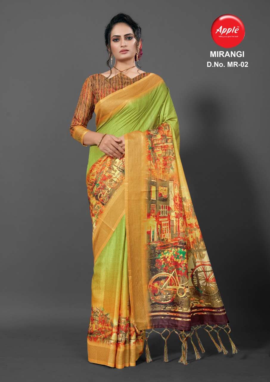 MIRANGI BY APPLE 01 TO 08 SERIES INDIAN TRADITIONAL WEAR COLLECTION BEAUTIFUL STYLISH FANCY COLORFUL PARTY WEAR & OCCASIONAL WEAR SILK DIGITAL PRINT SAREES AT WHOLESALE PRICE