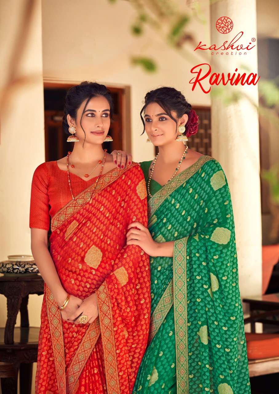 RAVINA BY KASHVI CREATION 1851 TO 1860 SERIES INDIAN TRADITIONAL WEAR COLLECTION BEAUTIFUL STYLISH FANCY COLORFUL PARTY WEAR & OCCASIONAL WEAR CHIFFON BRASSO SAREES AT WHOLESALE PRICE
