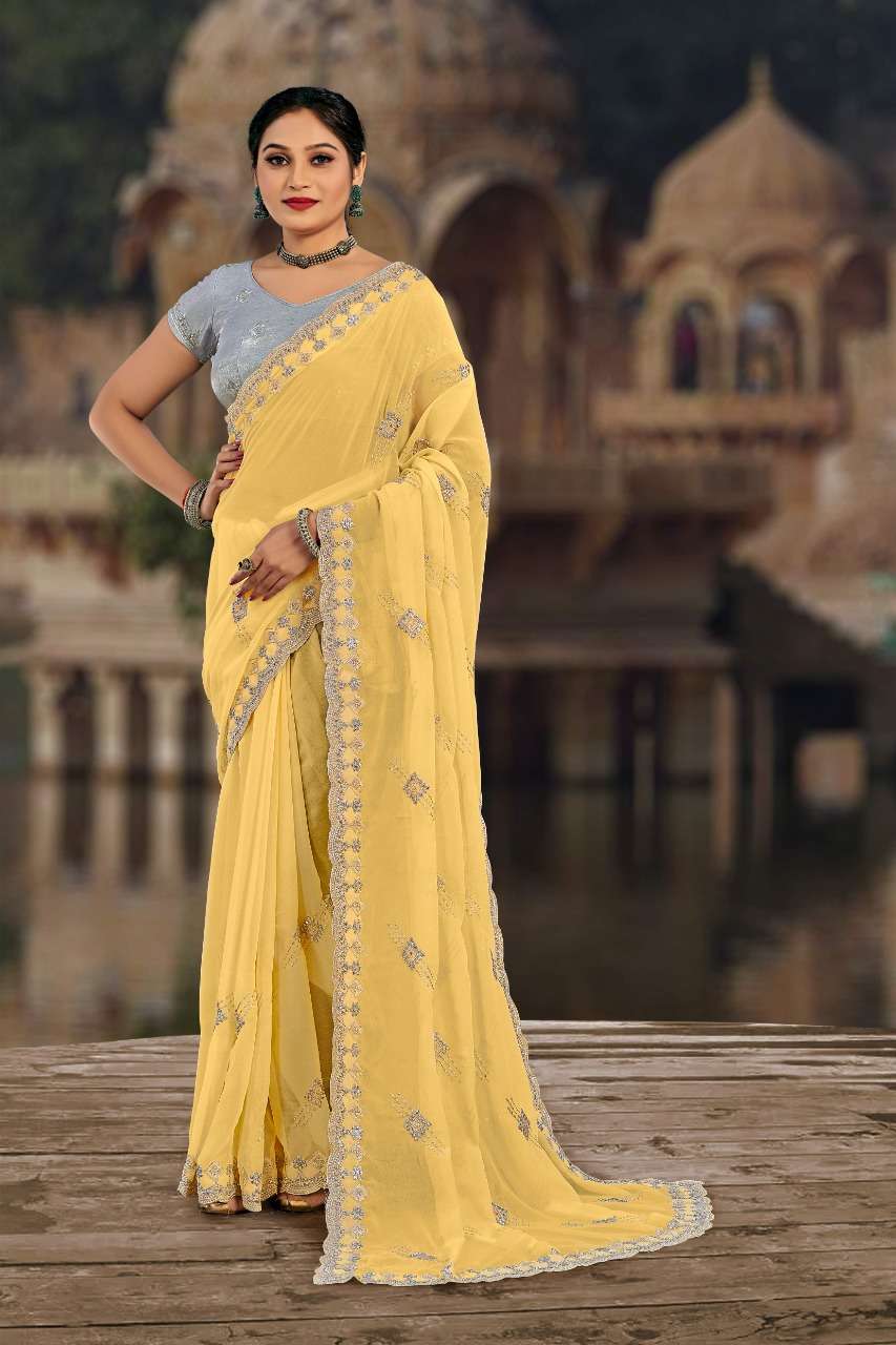 SAMYAKK ZARI BY YADU NANDAN FASHION 01 TO 07 SERIES INDIAN TRADITIONAL WEAR COLLECTION BEAUTIFUL STYLISH FANCY COLORFUL PARTY WEAR & OCCASIONAL WEAR GEORGETTE EMBROIDERED SAREES AT WHOLESALE PRICE
