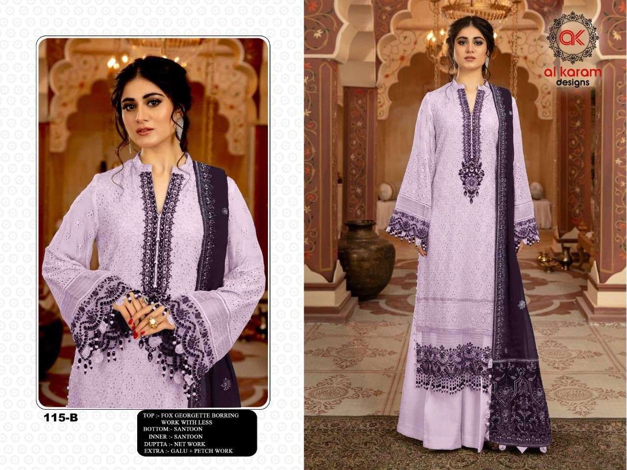 AL KARAM 115 COLOURS BY AL KARAM 115-A TO 115-F SERIES DESIGNS DESIGNER PAKISTANI SUITS BEAUTIFUL STYLISH FANCY COLORFUL PARTY WEAR & OCCASIONAL WEAR HEAVY GEORGETTE EMBROIDERED DRESSES AT WHOLESALE PRICE