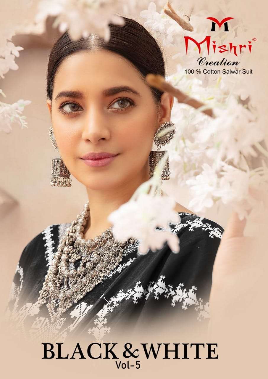 BLACK AND WHITE VOL-5 BY MISHRI CREATION 5001 TO 5006 SERIES BEAUTIFUL SUITS COLORFUL STYLISH FANCY CASUAL WEAR & ETHNIC WEAR PURE COTTON DRESSES AT WHOLESALE PRICE