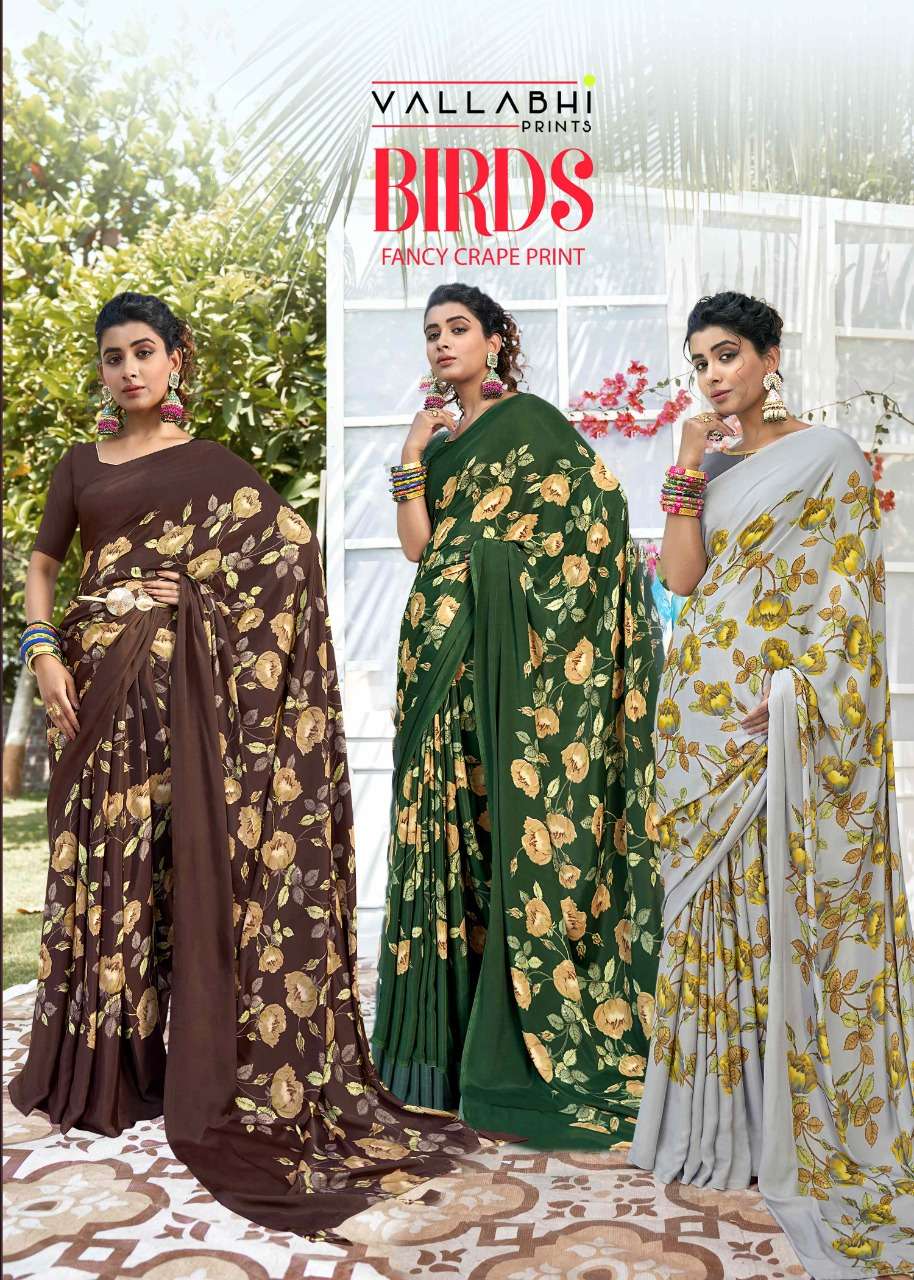 BIRDS BY VALLABHI PRINTS 15251 TO 15258 SERIES INDIAN TRADITIONAL WEAR COLLECTION BEAUTIFUL STYLISH FANCY COLORFUL PARTY WEAR & OCCASIONAL WEAR CREPE SAREES AT WHOLESALE PRICE