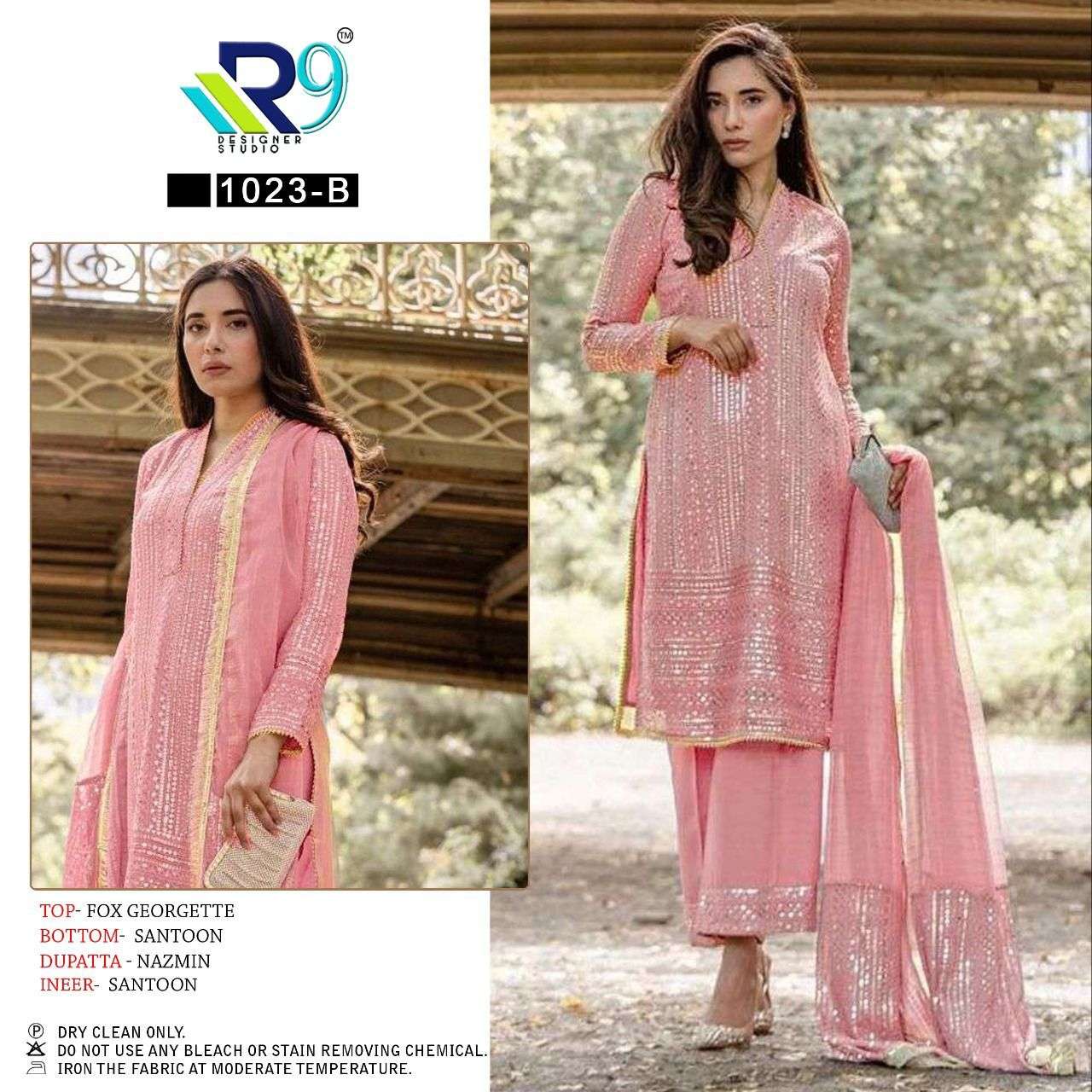 R9 1023 COLOURS BY R9 1023-A TO 1023-D SERIES DESIGNER PAKISTANI SUITS BEAUTIFUL STYLISH FANCY COLORFUL PARTY WEAR & OCCASIONAL WEAR FAUX GEORGETTE EMBROIDERED DRESSES AT WHOLESALE PRICE
