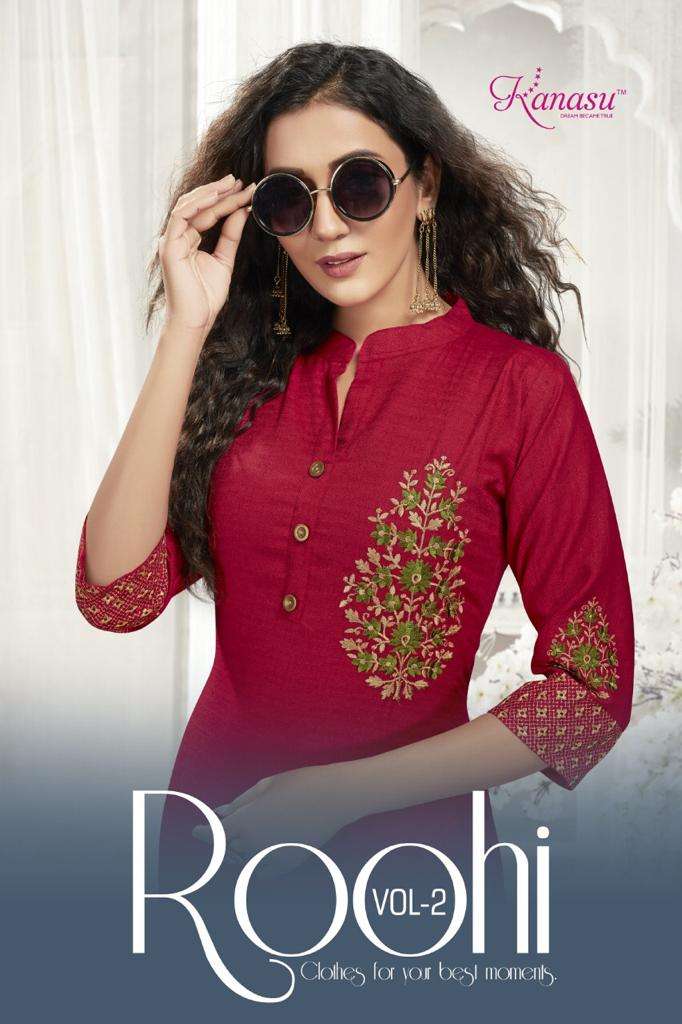 ROOHI VOL-2 BY KANASU 1001 TO 1008 SERIES DESIGNER STYLISH FANCY COLORFUL BEAUTIFUL PARTY WEAR & ETHNIC WEAR COLLECTION RAYON WITH WORK KURTIS AT WHOLESALE PRICE
