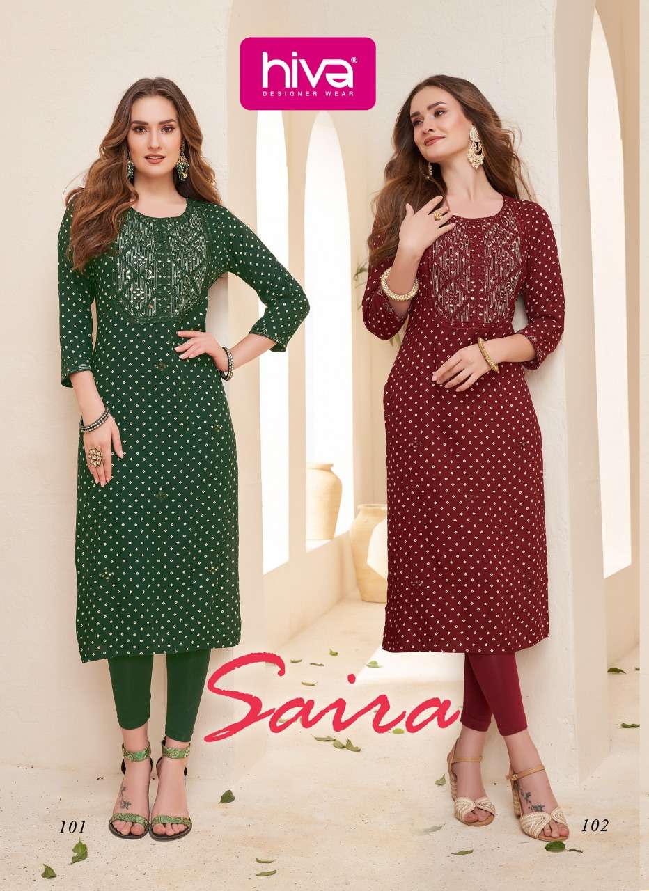 SAIRA BY HIVA 101 TO 106 SERIES DESIGNER STYLISH FANCY COLORFUL BEAUTIFUL PARTY WEAR & ETHNIC WEAR COLLECTION PURE RAYON KURTIS AT WHOLESALE PRICE