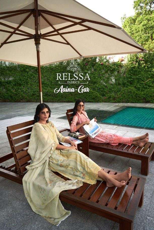 AAINA-GAR BY RELSSA FABRICS 76001 TO 76006 SERIES BEAUTIFUL SUITS COLORFUL STYLISH FANCY CASUAL WEAR & ETHNIC WEAR PURE SILK DRESSES AT WHOLESALE PRICE