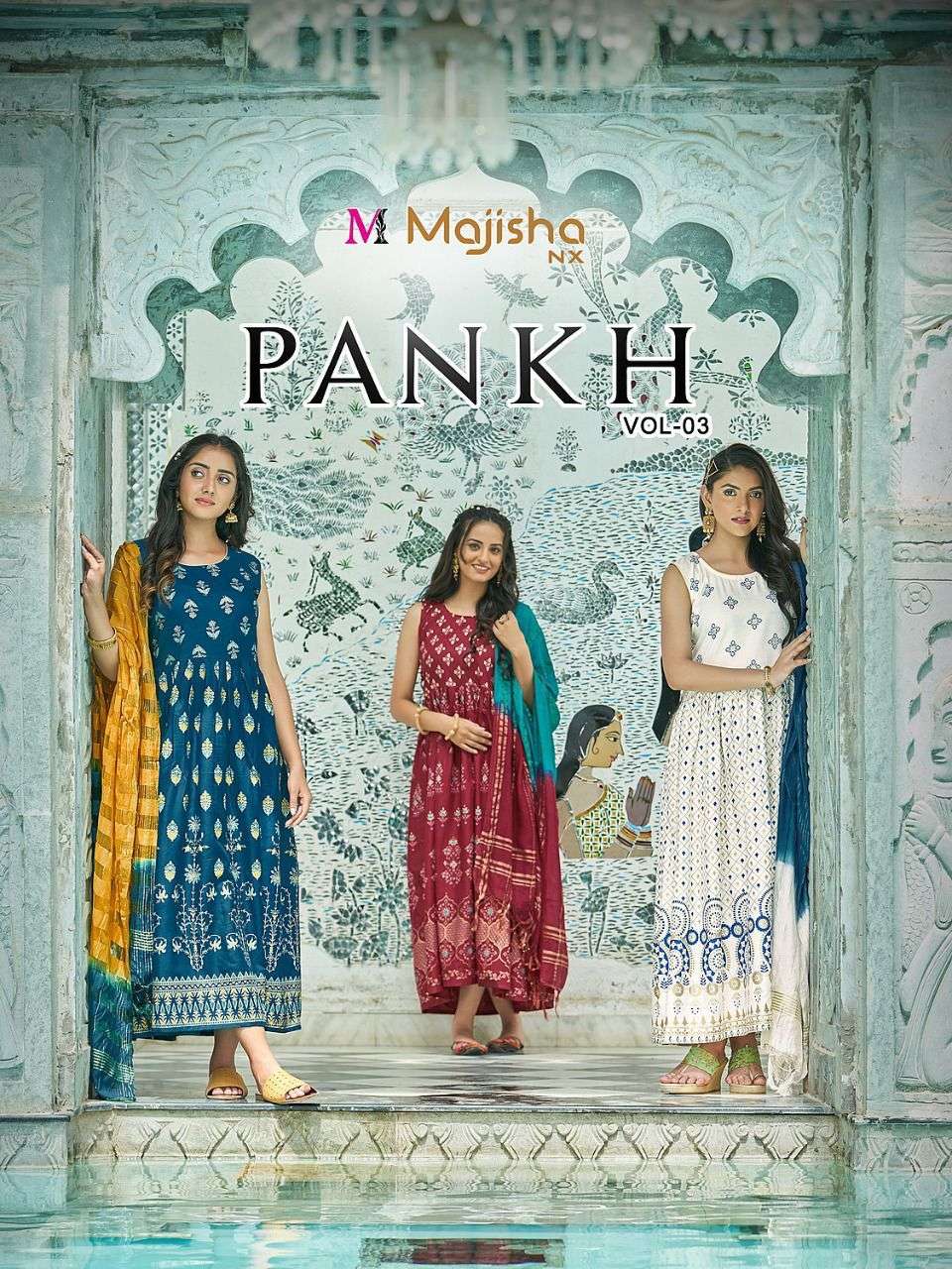 PANKH VOL-3 BY MAJISHA NX 3001 TO 3010 SERIES BEAUTIFUL STYLISH FANCY COLORFUL CASUAL WEAR & ETHNIC WEAR RAYON FOIL GOWNS WITH DUPATTA AT WHOLESALE PRICE