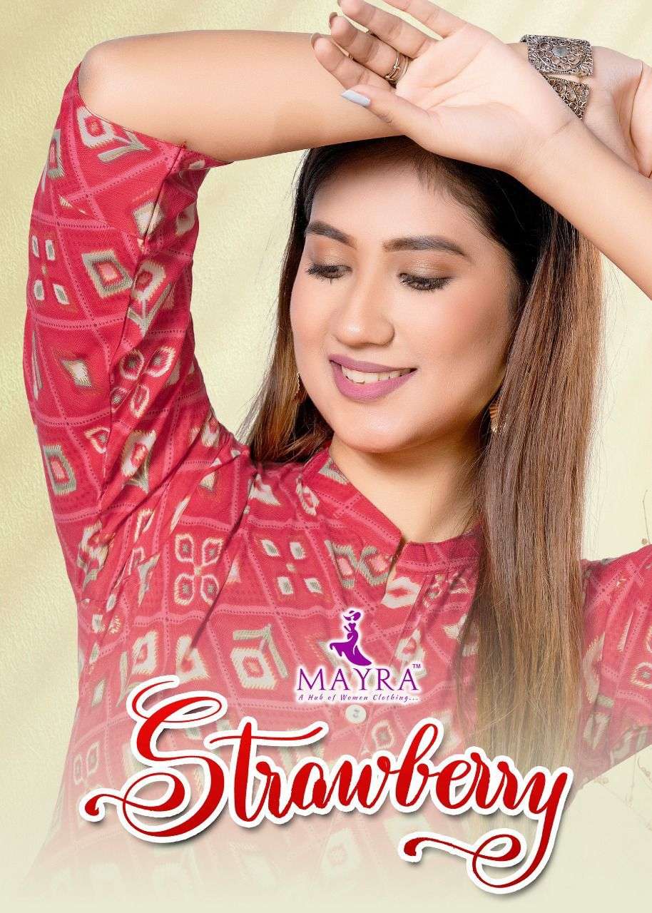STRAWBERRY BY MAYRA 331 TO 338 SERIES DESIGNER STYLISH FANCY COLORFUL BEAUTIFUL PARTY WEAR & ETHNIC WEAR COLLECTION RAYON FOIL PRINT KURTIS AT WHOLESALE PRICE