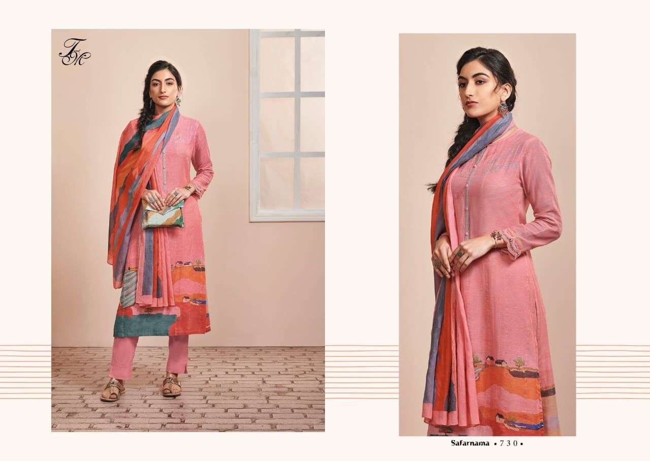 SAFARNAMA BY T AND M DESIGNER STUDIO BEAUTIFUL SUITS COLORFUL STYLISH FANCY CASUAL WEAR & ETHNIC WEAR PURE LINEN PRINT DRESSES AT WHOLESALE PRICE