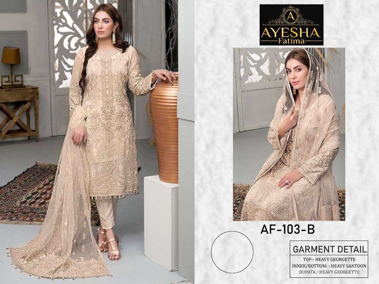 AF-103 COLOURS BY AYESHA FATIMA 103-A TO 103-C SERIES BEAUTIFUL PAKISTANI SUITS COLORFUL STYLISH FANCY CASUAL WEAR & ETHNIC WEAR HEAVY GEORGETTE DRESSES AT WHOLESALE PRICE
