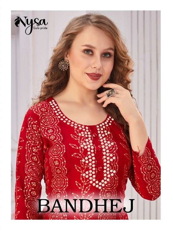 BANDHEJ BY NYSA 1001 TO 1004 SERIES DESIGNER STYLISH FANCY COLORFUL BEAUTIFUL PARTY WEAR & ETHNIC WEAR COLLECTION PURE RAYON KURTIS AT WHOLESALE PRICE