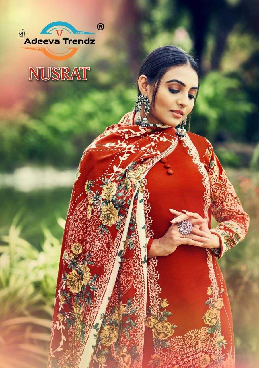 NUSRAT BY ADEEVA TRENDZ 505-001 TO 505-010 SERIES BEAUTIFUL SUITS COLORFUL STYLISH FANCY CASUAL WEAR & ETHNIC WEAR PASHMINA PRINT DRESSES AT WHOLESALE PRICE