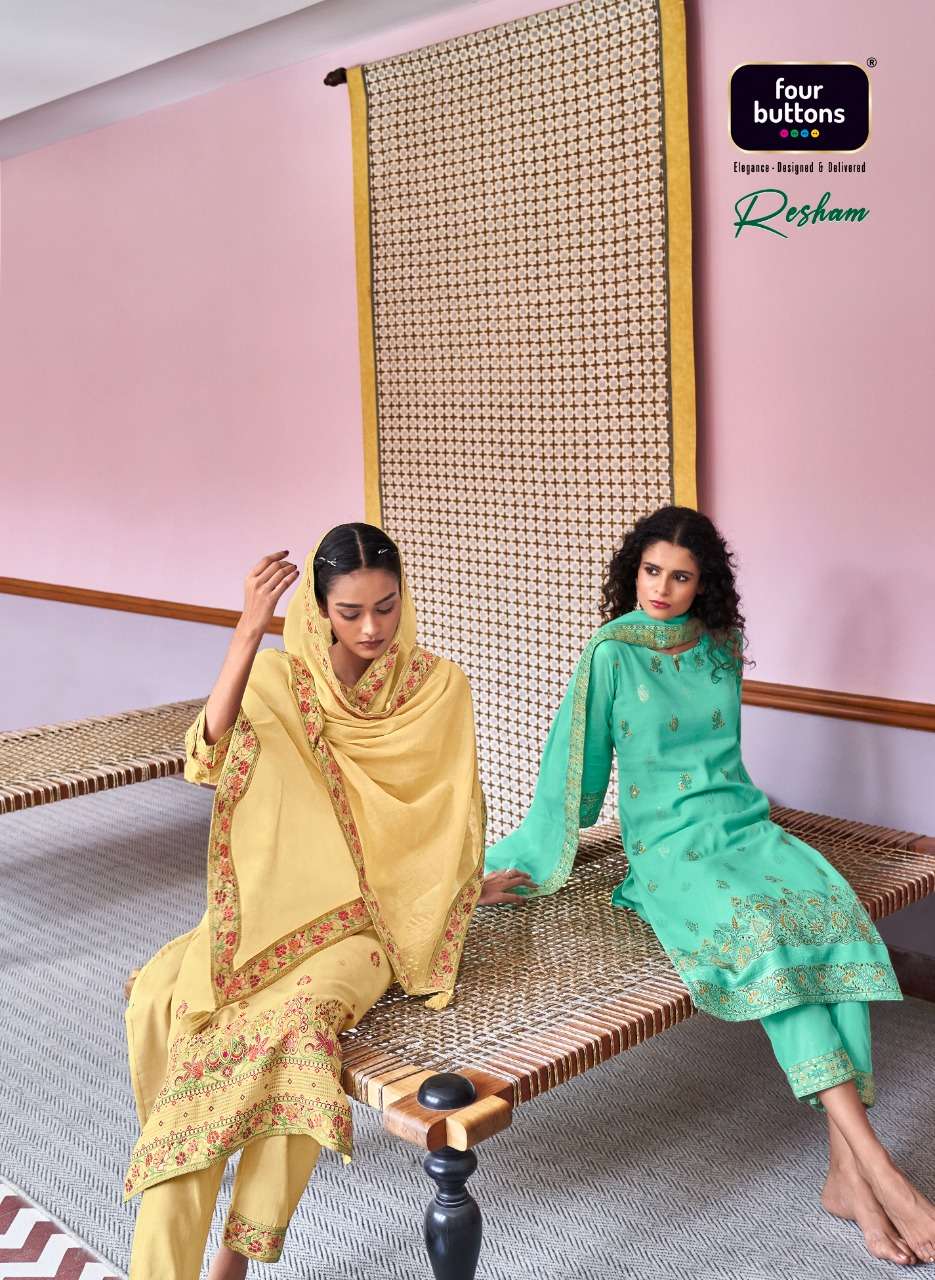 RESHAM BY FOUR BUTTONS 2011 TO 2016 SERIES BEAUTIFUL SUITS COLORFUL STYLISH FANCY CASUAL WEAR & ETHNIC WEAR PURE COTTON JACQUARD DRESSES AT WHOLESALE PRICE