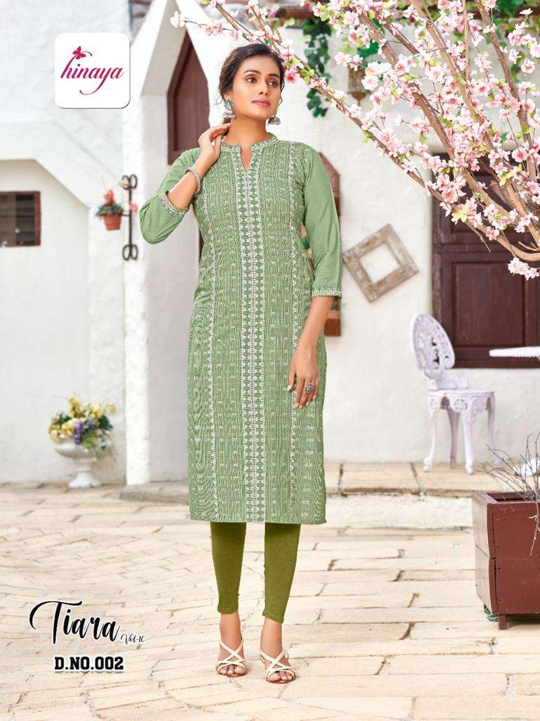 TIARA VOL-10 BY HINAYA 001 TO 008 SERIES DESIGNER STYLISH FANCY COLORFUL BEAUTIFUL PARTY WEAR & ETHNIC WEAR COLLECTION RAYON EMBROIDERY KURTIS AT WHOLESALE PRICE
