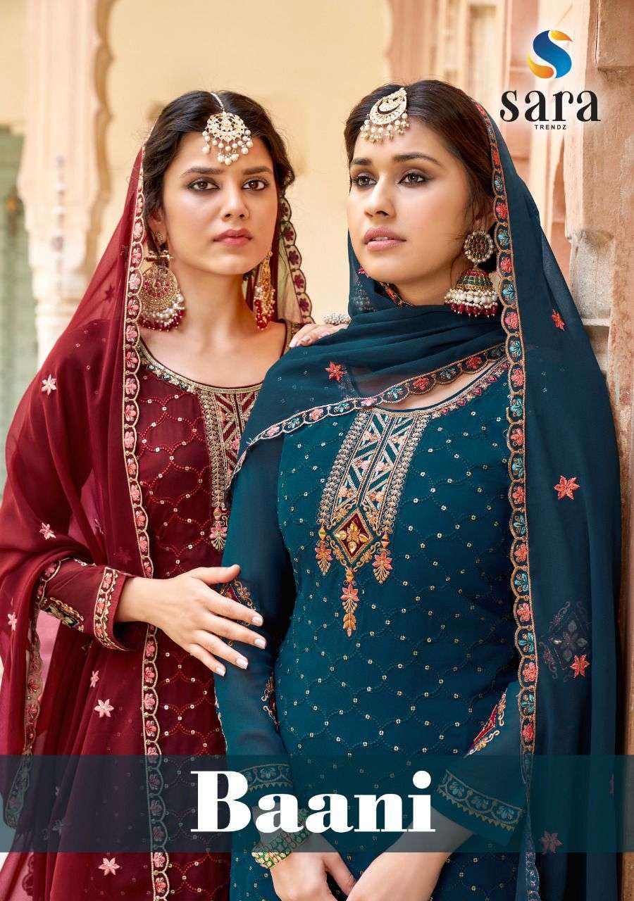BAANI BY SARA TRENDZ 3501 TO 3504 SERIES BEAUTIFUL SHARARA SUITS COLORFUL STYLISH FANCY CASUAL WEAR & ETHNIC WEAR GEORGETTE EMBROIDERED DRESSES AT WHOLESALE PRICE