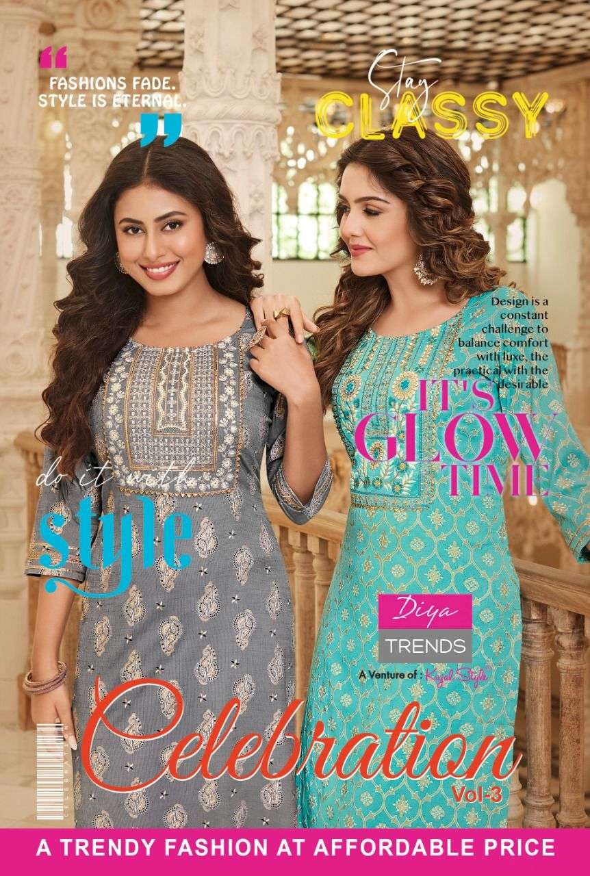 CELEBRATION VOL-3 BY DIYA TRENDS 3001 TO 3010 SERIES BEAUTIFUL STYLISH FANCY COLORFUL CASUAL WEAR & ETHNIC WEAR PURE RAYON KURTIS WITH BOTTOM AT WHOLESALE PRICE