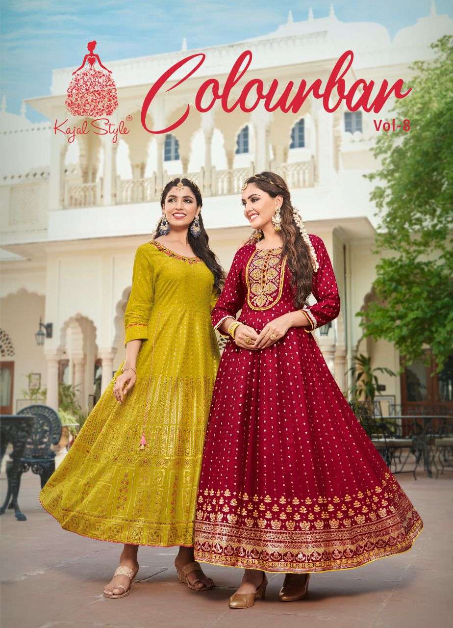 COLOURBAR VOL-8 BY KAJAL STYLE 8001 TO 8008 SERIES BEAUTIFUL STYLISH FANCY COLORFUL CASUAL WEAR & ETHNIC WEAR RAYON EMBROIDERED GOWNS AT WHOLESALE PRICE