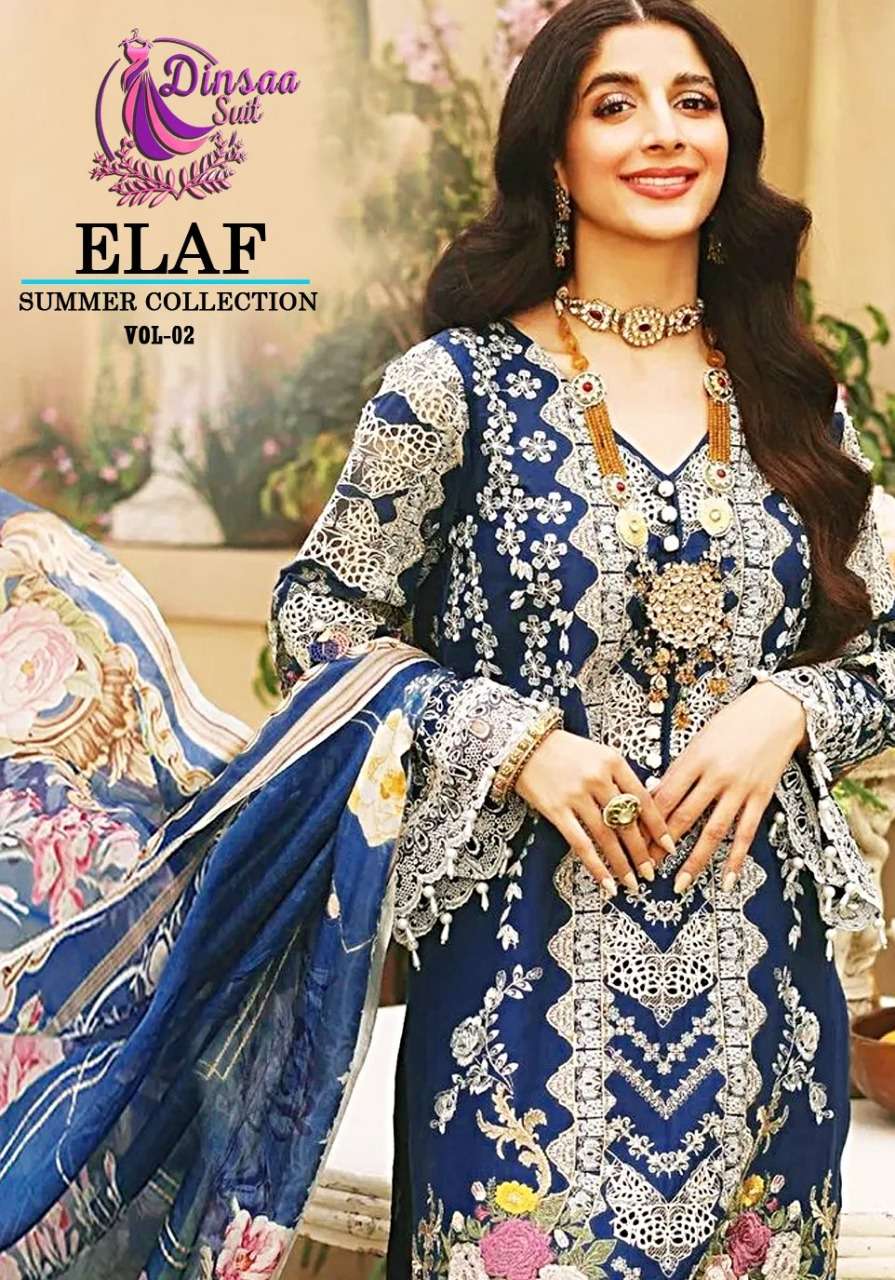 ELAF SUMMER COLLECTION VOL-2 BY DINSAA SUITS 125 TO 128 SERIES BEAUTIFUL STYLISH PAKISTANI SUITS FANCY COLORFUL CASUAL WEAR & ETHNIC WEAR & READY TO WEAR PURE COTTON EMBROIDERED DRESSES AT WHOLESALE PRICE