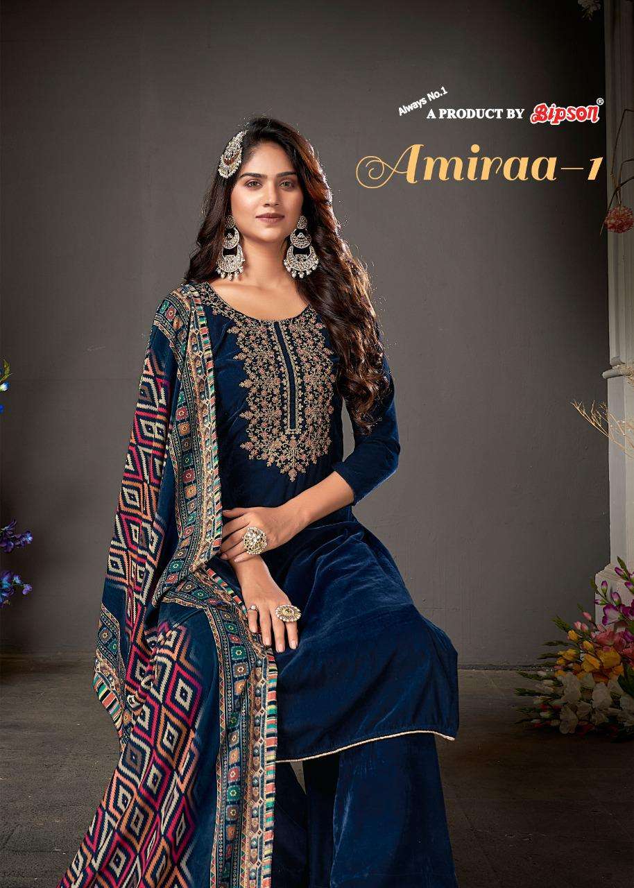 AMIRAA VOL-1 BY BIPSON 1001 TO 1004 SERIES BEAUTIFUL STYLISH SUITS FANCY COLORFUL CASUAL WEAR & ETHNIC WEAR & READY TO WEAR PURE VISCOSE VELVET EMBROIDERED DRESSES AT WHOLESALE PRICE
