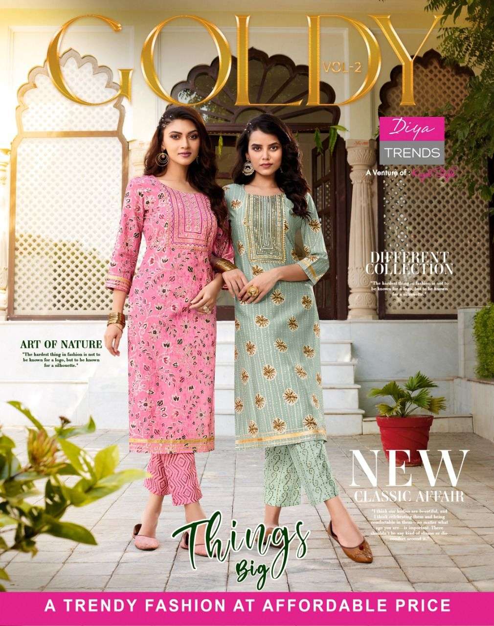 GOLDY VOL-2 BY DIYA TRENDS 2001 TO 2010 SERIES BEAUTIFUL STYLISH FANCY COLORFUL CASUAL WEAR & ETHNIC WEAR CHANDERI PRINT KURTIS WITH BOTTOM AT WHOLESALE PRICE