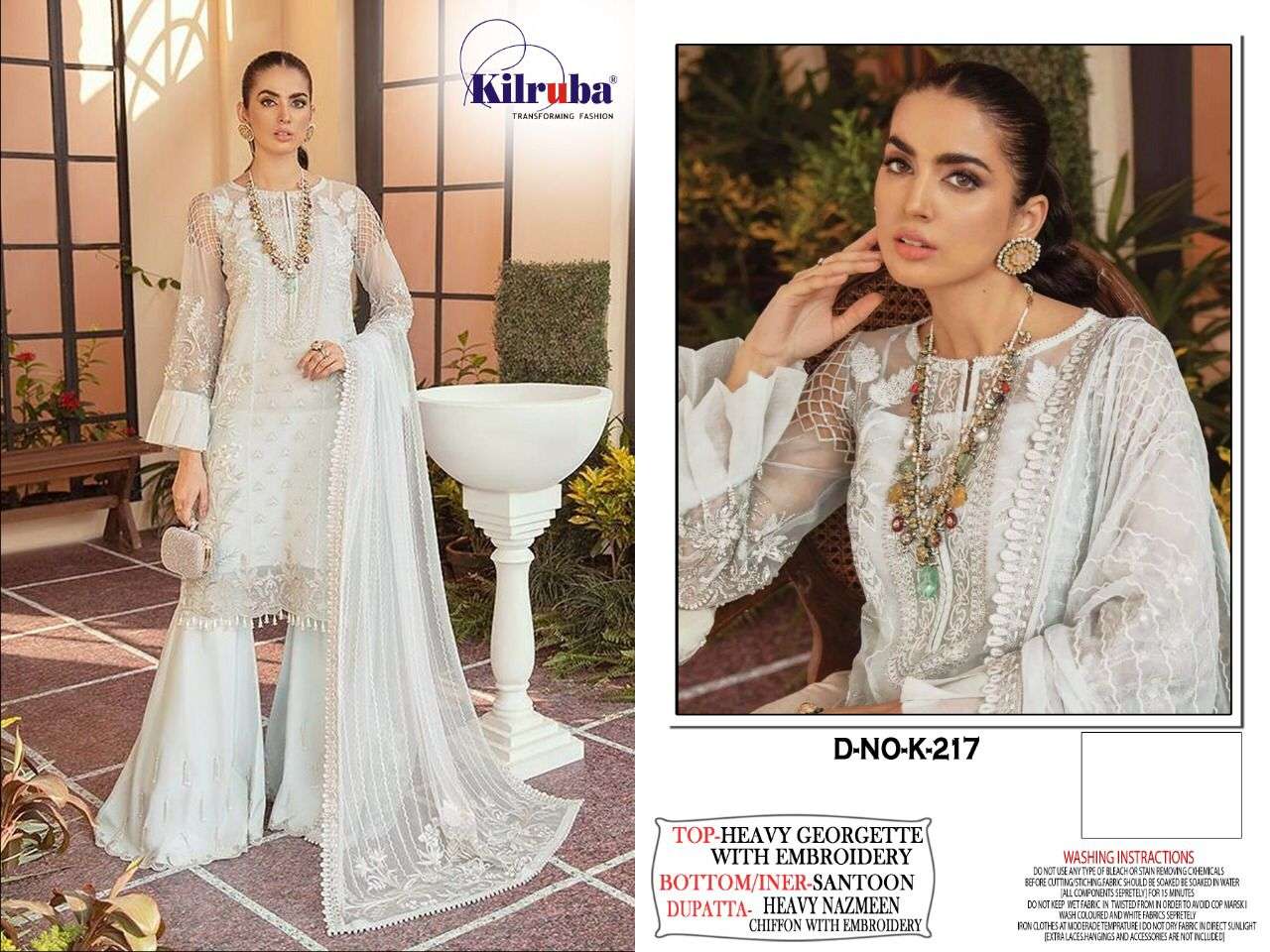 KILRUBA HIT DESIGN K-217 BY KILRUBA BEAUTIFUL SUMMER COLLECTION PAKISATNI SUITS STYLISH FANCY COLORFUL CASUAL WEAR & ETHNIC WEAR HEAVY GEORGETTE EMBROIDERED DRESSES AT WHOLESALE PRICE