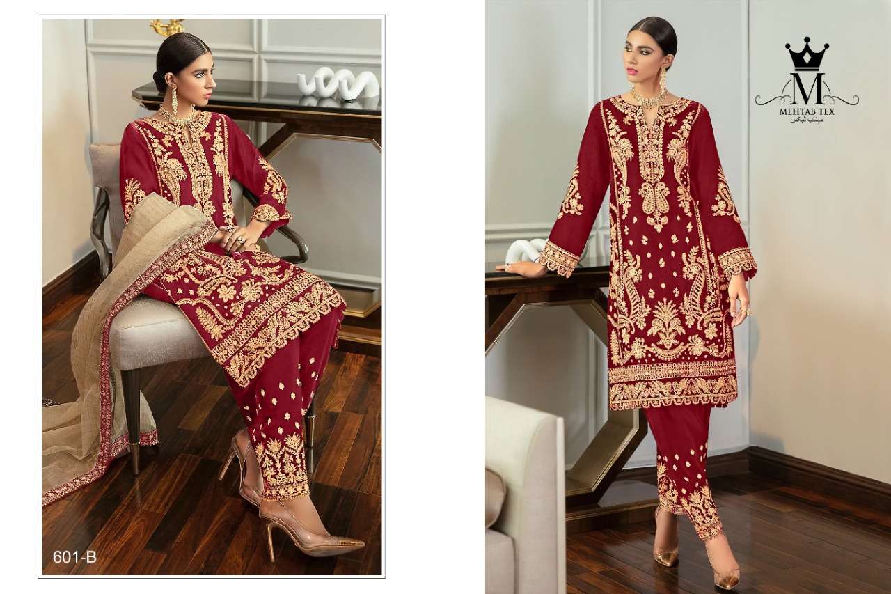 MEHTAB 601 COLOURS BY MEHTAB TEX 601-A TO 601-D SERIES BEAUTIFUL PAKISTANI SUITS COLORFUL STYLISH FANCY CASUAL WEAR & ETHNIC WEAR FAUX GEORGETTE EMBROIDERED DRESSES AT WHOLESALE PRICE