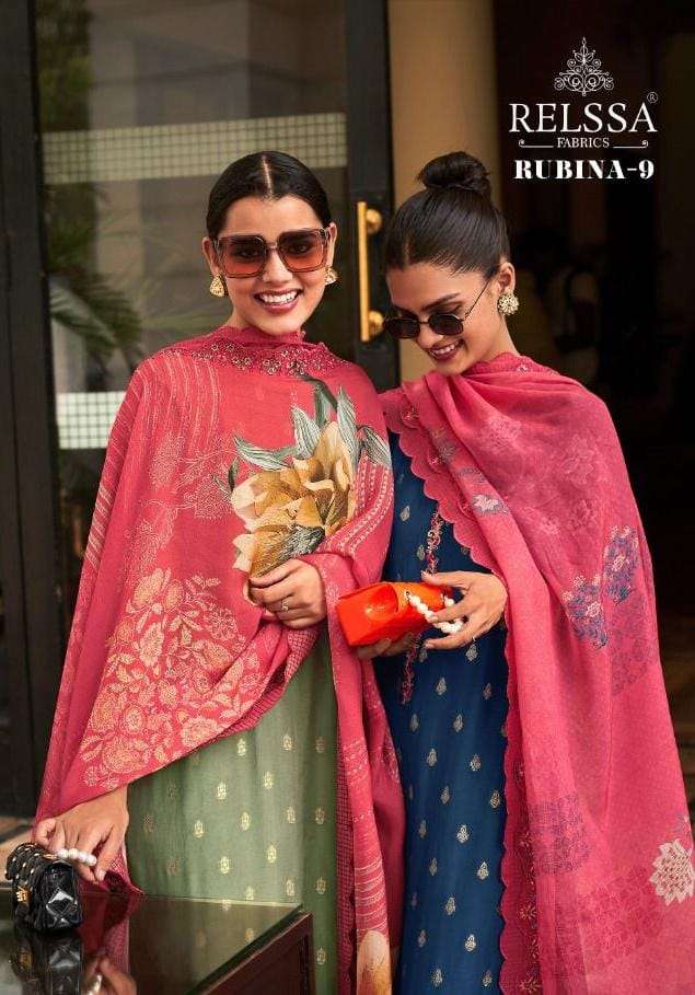 RUBINA VOL-9 BY RELSAA FABRICS 80001 TO 80006 SERIES BEAUTIFUL SUITS STYLISH FANCY COLORFUL CASUAL WEAR & ETHNIC WEAR PURE SILK JACQUARD DRESSES AT WHOLESALE PRICE