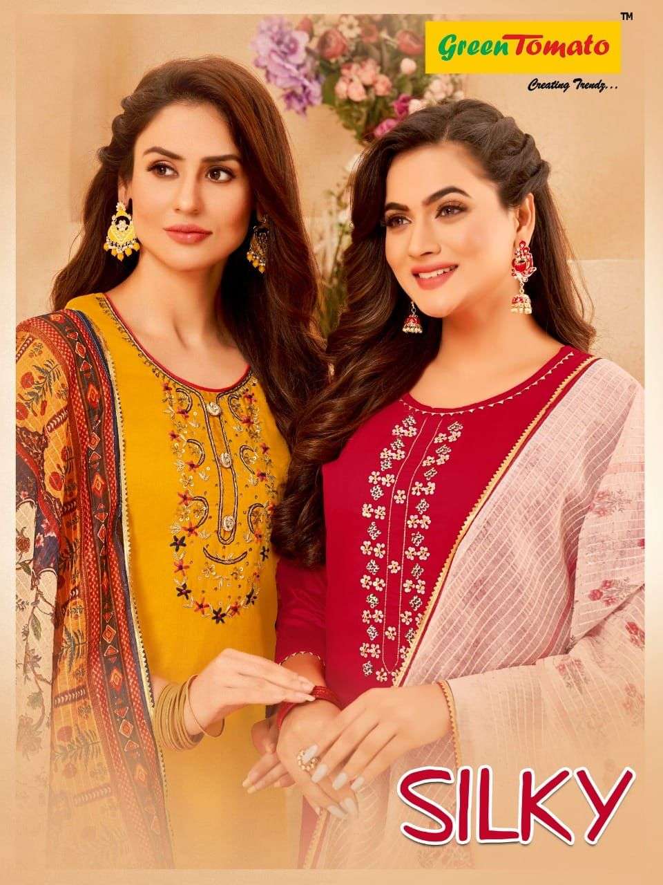 SILKY BY GREEN TOMATO 1001 TO 1008 SERIES BEAUTIFUL SUITS COLORFUL STYLISH FANCY CASUAL WEAR & ETHNIC WEAR CHANDERI DRESSES AT WHOLESALE PRICE