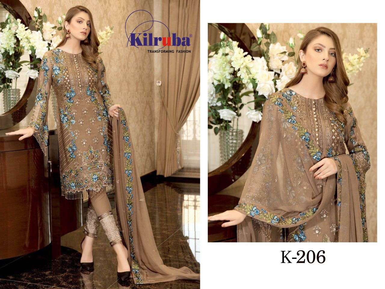 KILRUBA HIT DESIGN K-206 BY KILRUBA PAKISTANI SUITS BEAUTIFUL FANCY COLORFUL STYLISH PARTY WEAR & OCCASIONAL WEAR GEORGETTE EMBROIDERED DRESSES AT WHOLESALE PRICE