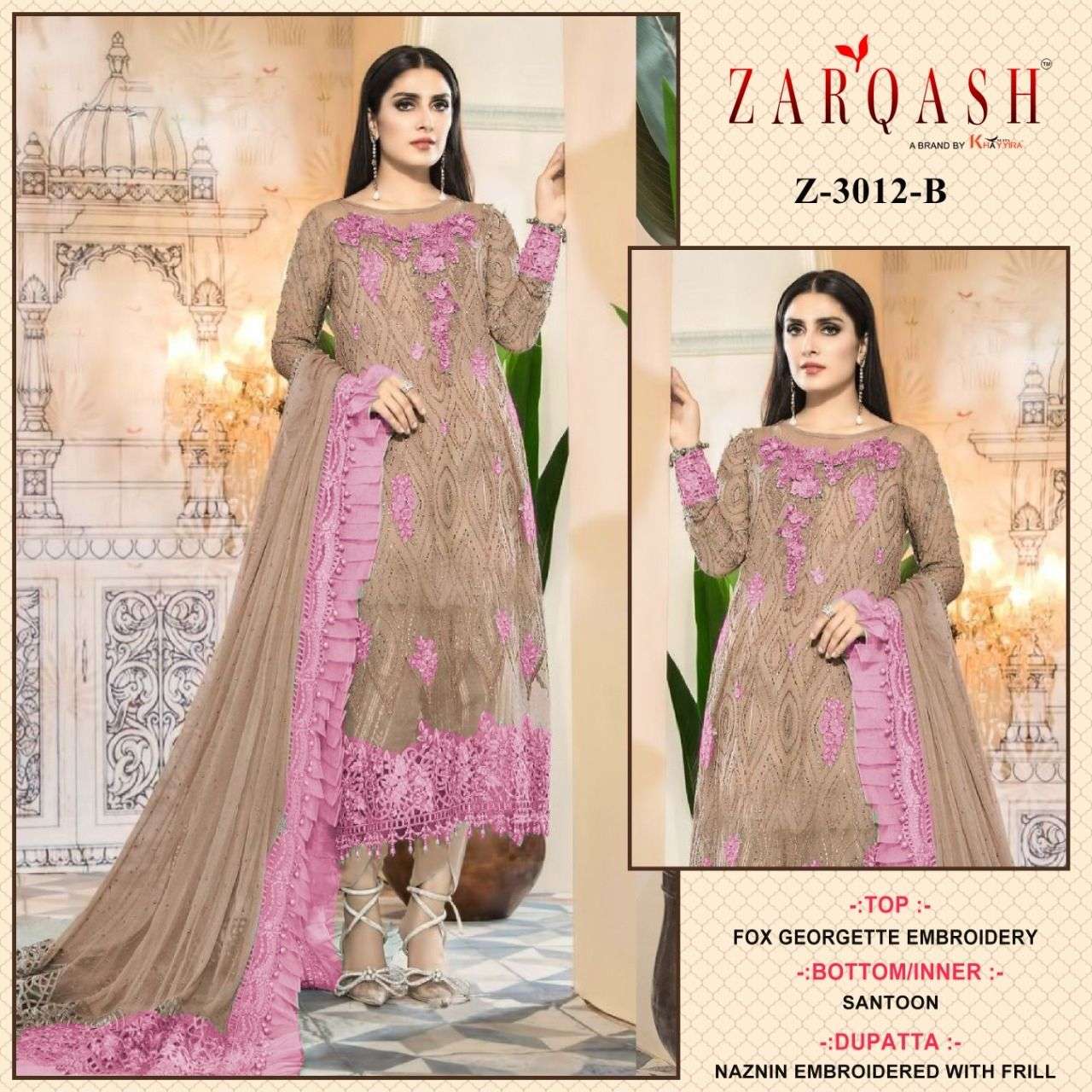 Zarqash Hit Design 3012 Colours By Zarqash 3012-A To 3012-D Series Designer Pakistani Suits Beautiful Fancy Colorful Stylish Party Wear & Occasional Wear Faux Georgette Dresses At Wholesale Price