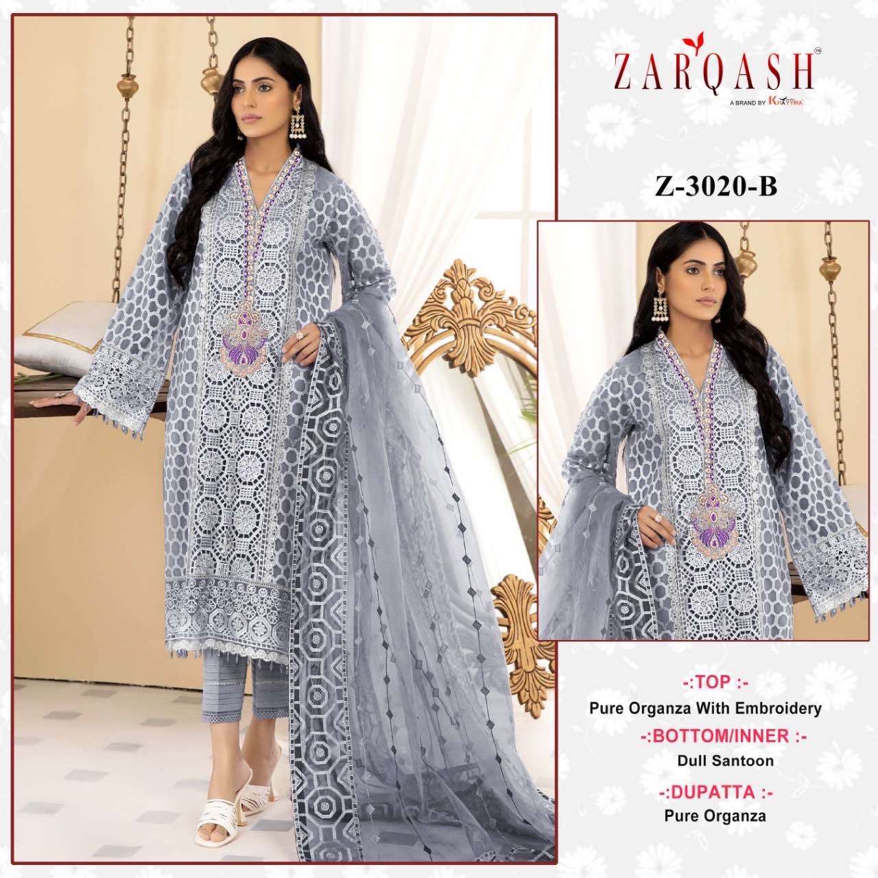 Zarqash Hit Design 3020 Colours By Zarqash 3020-A To 3020-C Series Designer Pakistani Suits Beautiful Fancy Colorful Stylish Party Wear & Occasional Wear Faux Georgette Dresses At Wholesale Price