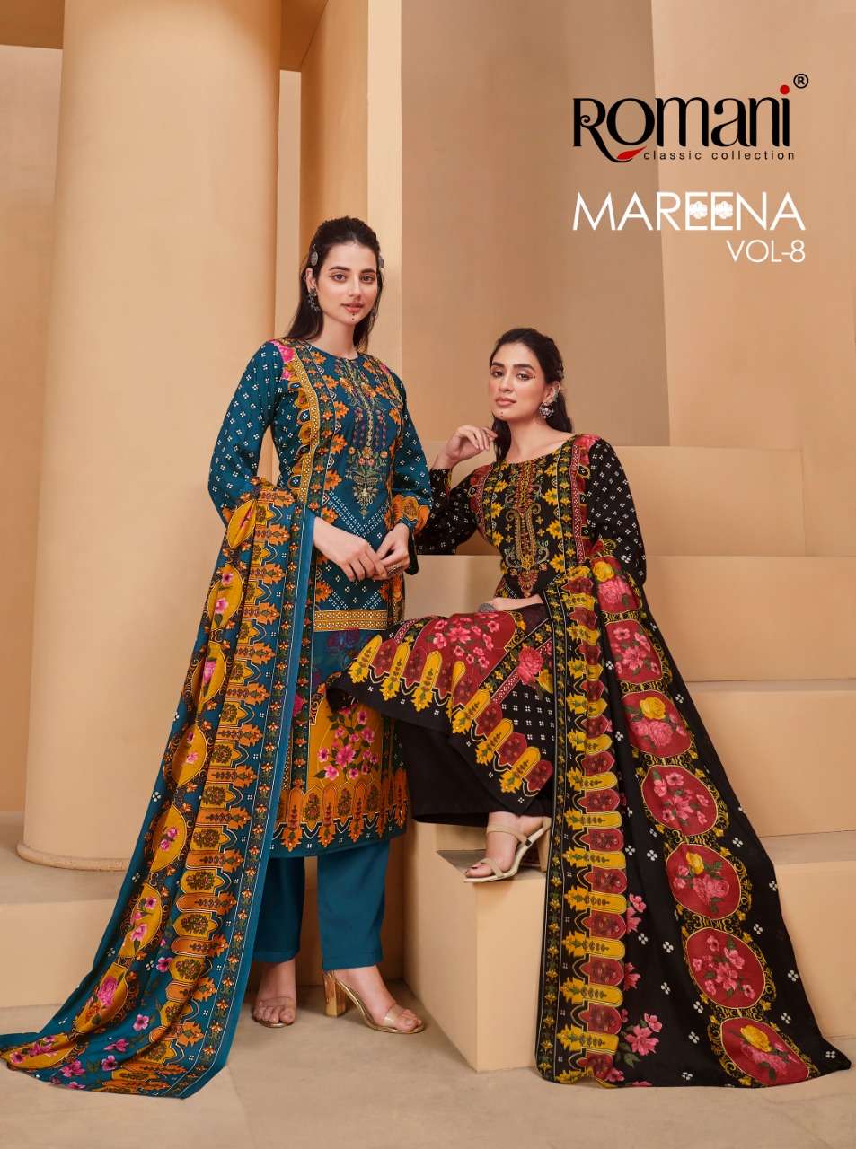 MAREENA VOL-8 BY ROMANI 1071-001 TO 1071-010 SERIES SUITS BEAUTIFUL FANCY COLORFUL STYLISH PARTY WEAR & OCCASIONAL WEAR SOFT COTTON PRINT DRESSES AT WHOLESALE PRICE