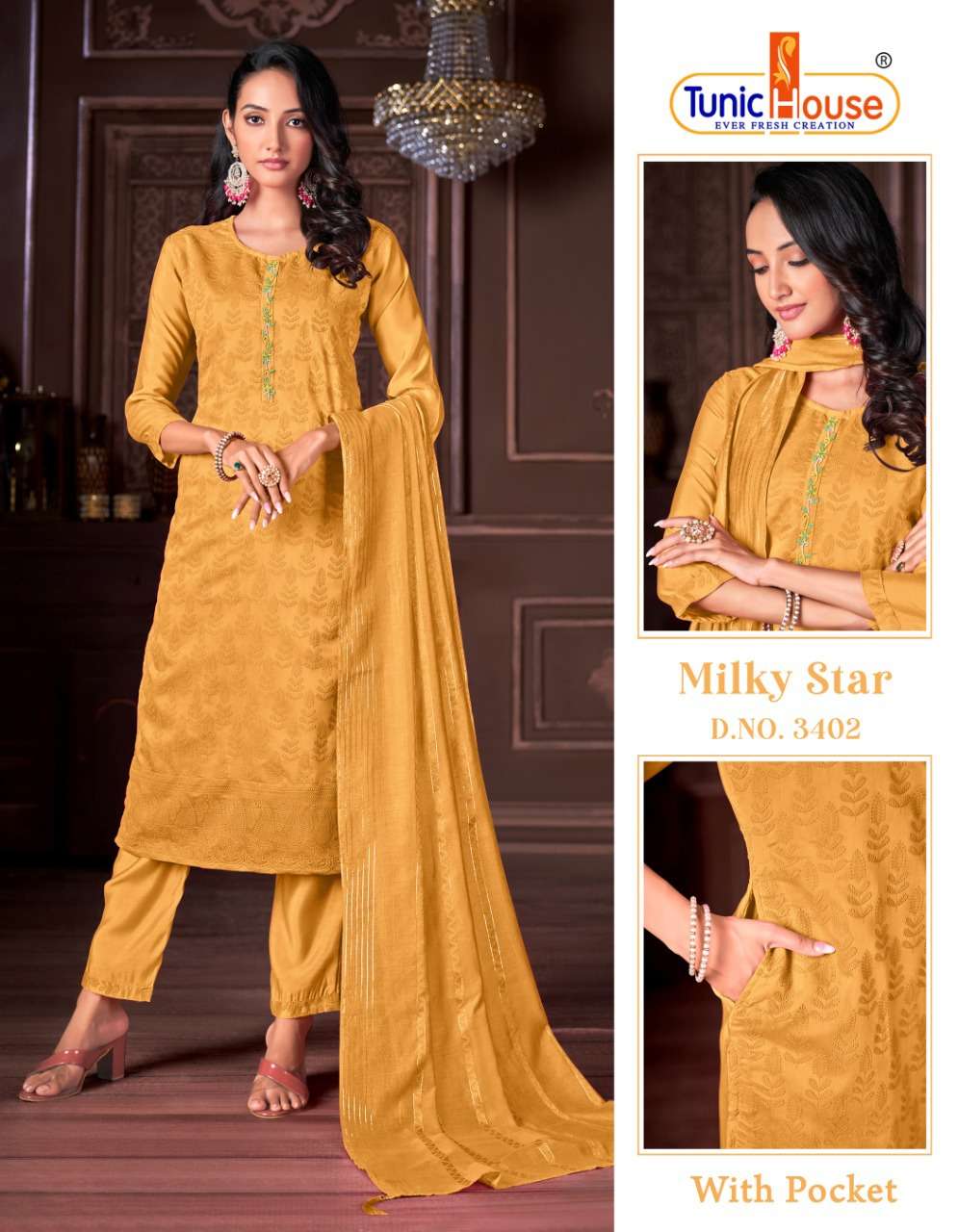MILKY STAR BY TUNIC HOUSE 3401 TO 3414 SERIES BEAUTIFUL SUITS COLORFUL STYLISH FANCY CASUAL WEAR & ETHNIC WEAR VISCOSE SILK EMBROIDERED DRESSES AT WHOLESALE PRICE