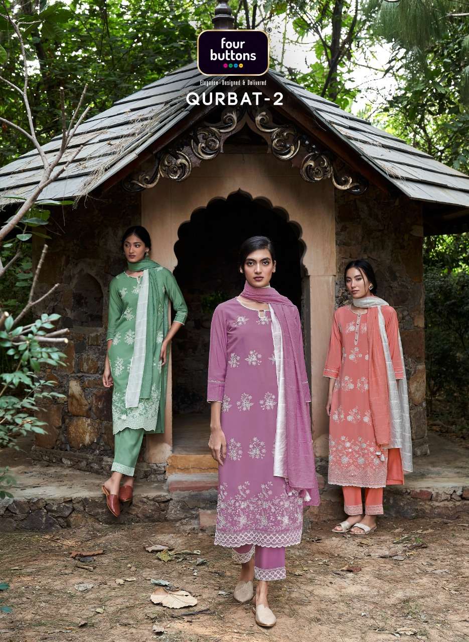 QURBAT VOL-2 BY FOUR BUTTONS 3011 TO 3016 SERIES BEAUTIFUL SUITS COLORFUL STYLISH FANCY CASUAL WEAR & ETHNIC WEAR PURE MODAL SILK DRESSES AT WHOLESALE PRICE