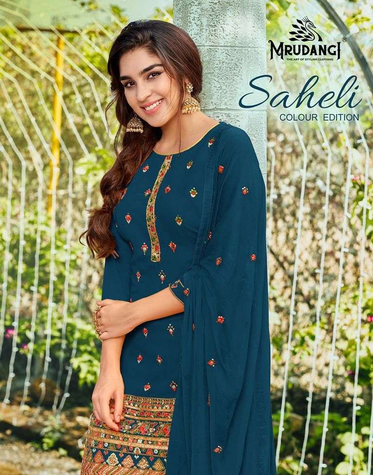 SAHELI 2026 COLOUR EDITION BY MRUDANGI 2026 TO 2026-E SERIES BEAUTIFUL STYLISH PATIYALA SUITS FANCY COLORFUL CASUAL WEAR & ETHNIC WEAR & READY TO WEAR FAUX GEORGETTE EMBROIDERED DRESSES AT WHOLESALE PRICE