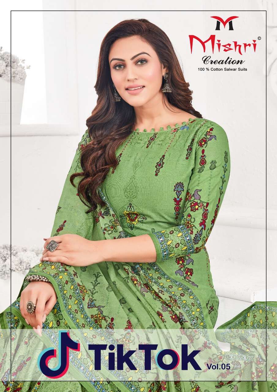 TIK TOK VOL-5 BY MISHRI CREATION 5001 TO 5010 SERIES BEAUTIFUL STYLISH SUITS FANCY COLORFUL CASUAL WEAR & ETHNIC WEAR & READY TO WEAR HEAVY COTTON PRINTED DRESSES AT WHOLESALE PRICE