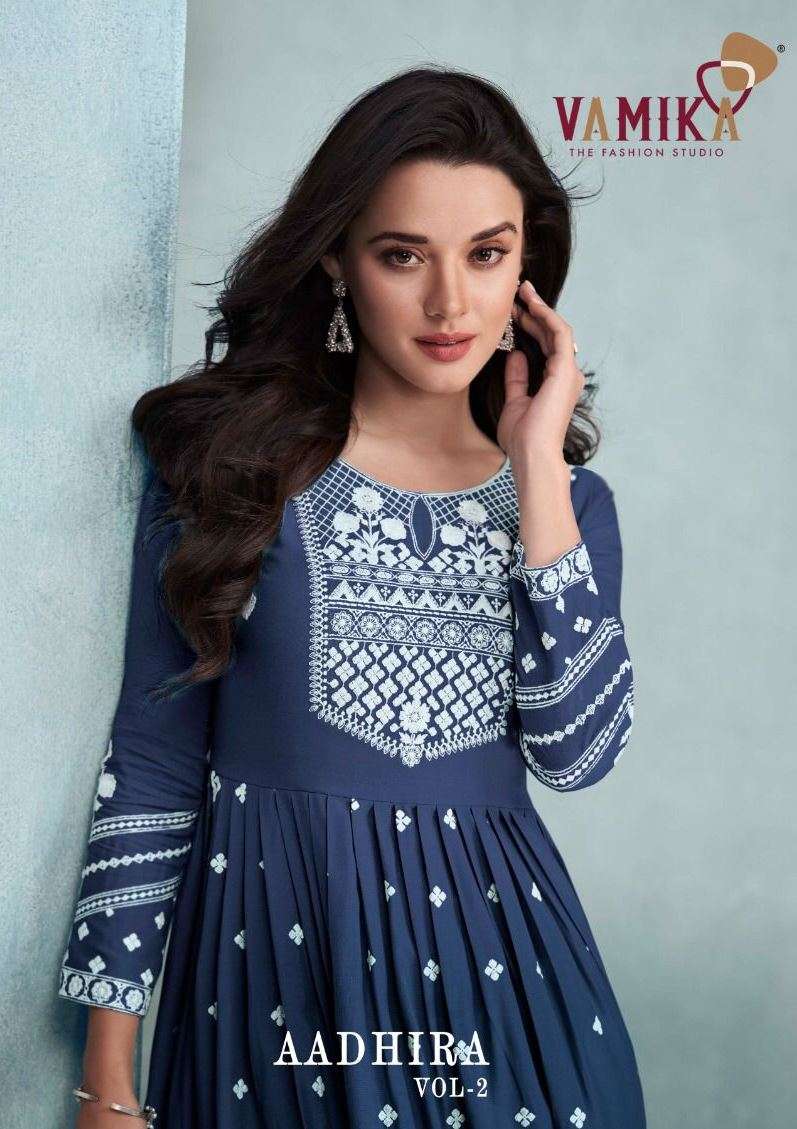 Aadhira Vol-2 By Vamika 1104-A To 1104-E Series Beautiful Stylish Suits Fancy Colorful Casual Wear & Ethnic Wear & Ready To Wear Rayon Viscose Dresses At Wholesale Price