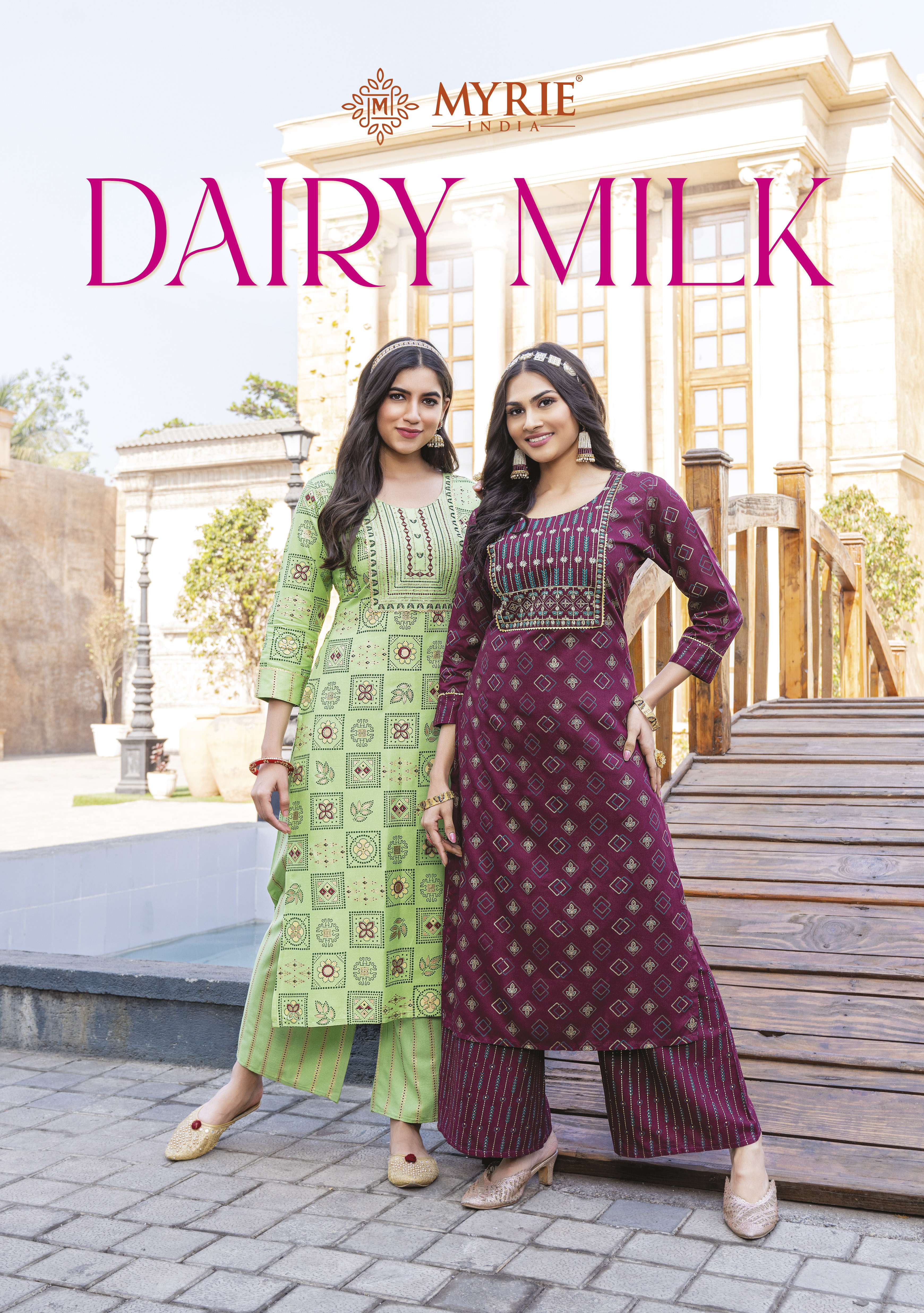 DAIRY MILK BY MYRIE 101 TO 108 SERIES DESIGNER STYLISH FANCY COLORFUL BEAUTIFUL PARTY WEAR & ETHNIC WEAR COLLECTION RAYON PRINT KURTIS WITH BOTTOM AT WHOLESALE PRICE