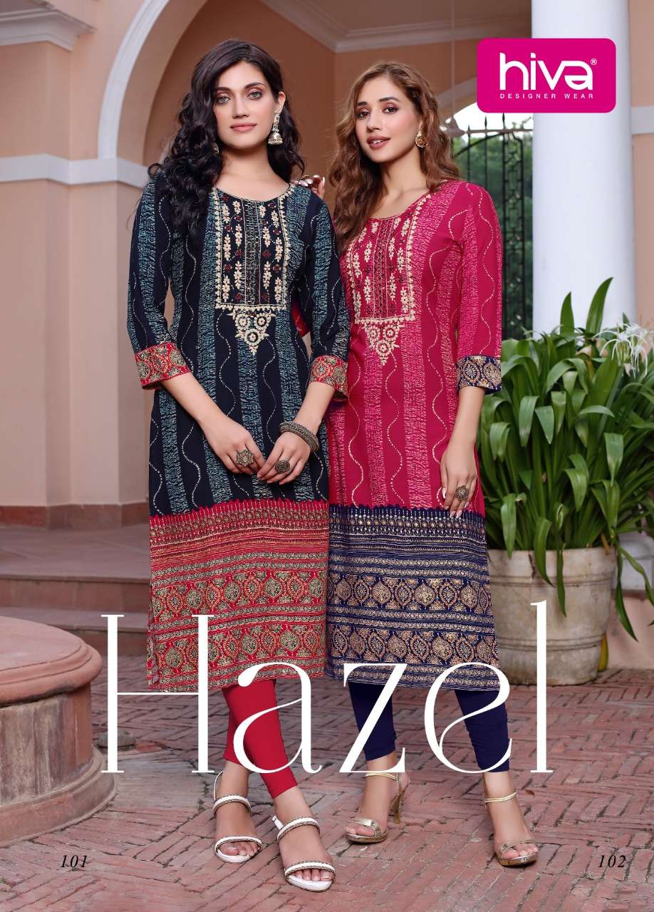 HAZEL BY HIVA 101 TO 106 SERIES DESIGNER STYLISH FANCY COLORFUL BEAUTIFUL PARTY WEAR & ETHNIC WEAR COLLECTION RAYON WITH WORK KURTIS AT WHOLESALE PRICE