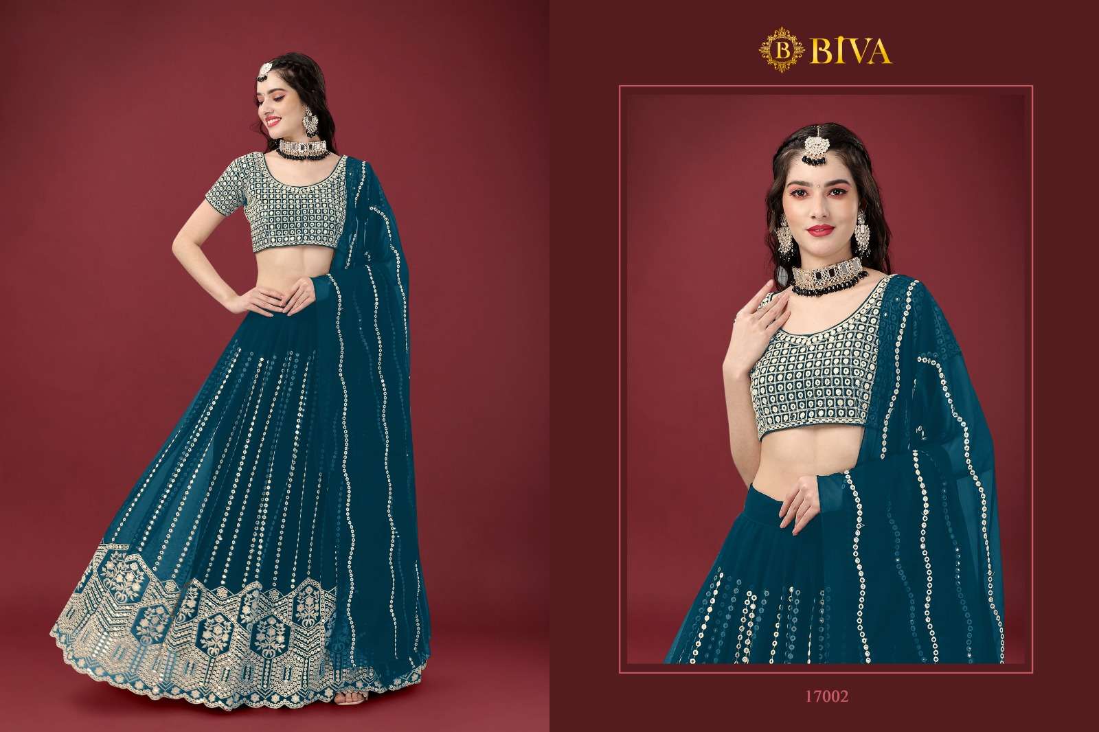 Monalisaa Vol-7 By Biva 17001 To 17005 Series Indian Traditional Beautiful Stylish Designer Banarasi Silk Jacquard Embroidered Party Wear Faux Georgette Lehengas At Wholesale Price