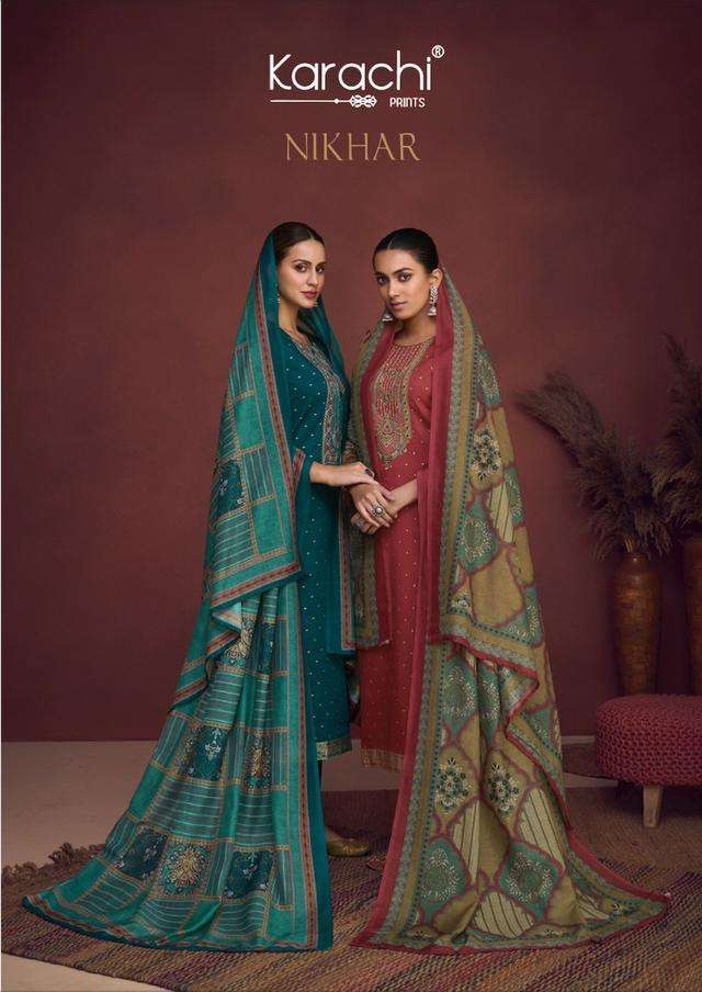 NIKHAR BY KARACHI 52001 TO 52006 SERIES DESIGNER SUITS COLLECTION BEAUTIFUL STYLISH COLORFUL FANCY PARTY WEAR & OCCASIONAL WEAR PURE JAM SATIN DRESSES AT WHOLESALE PRICE
