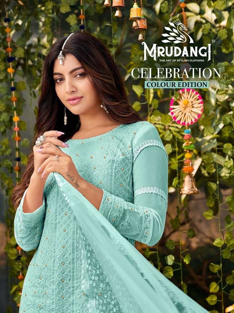 Celebration 2041 Colours By Mrudangi 2041-A To 2041-E Series Beautiful Suits Colorful Stylish Fancy Casual Wear & Ethnic Wear Heavy Faux Georgette Embroidered Dresses At Wholesale Price