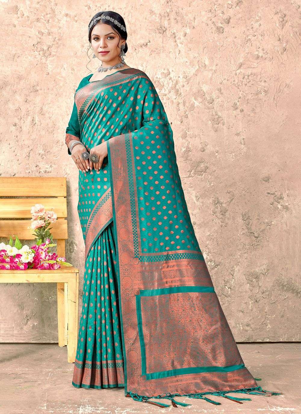 Elegant Hand Block Printed Ajrakh Modal Silk Saree with tassels – India1001 .com